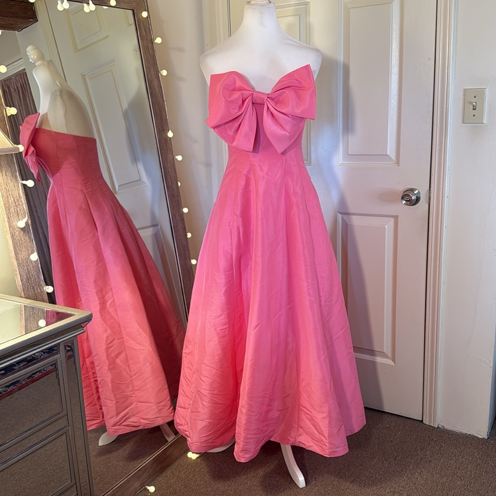 Mac Duggal Strapless Hot Pink Gown with Bow - Picture 3 of 8